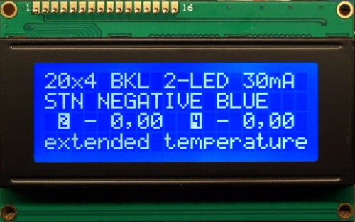 Zdjęcie wyświetlacza LCD znakowego 20x4 z niebieskim tłem