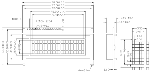 rysunek wyświetlacza 20x4 seria A czarne znaki/ zielone tło