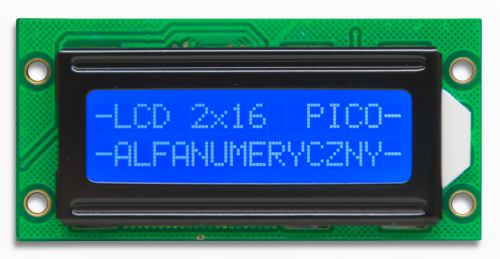 Zdjęcie LCD 2x16P biało-niebieskiego z wyświetloną treścią.