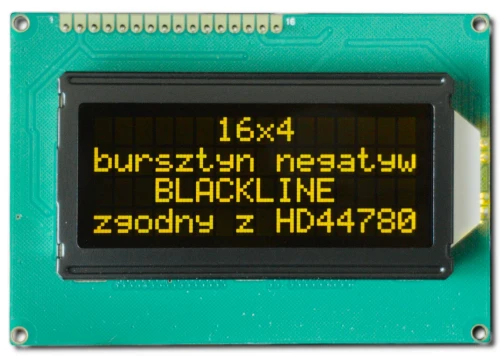 Zdjęcie LCD 4x16 znaków czarne tło bursztynowa treść.