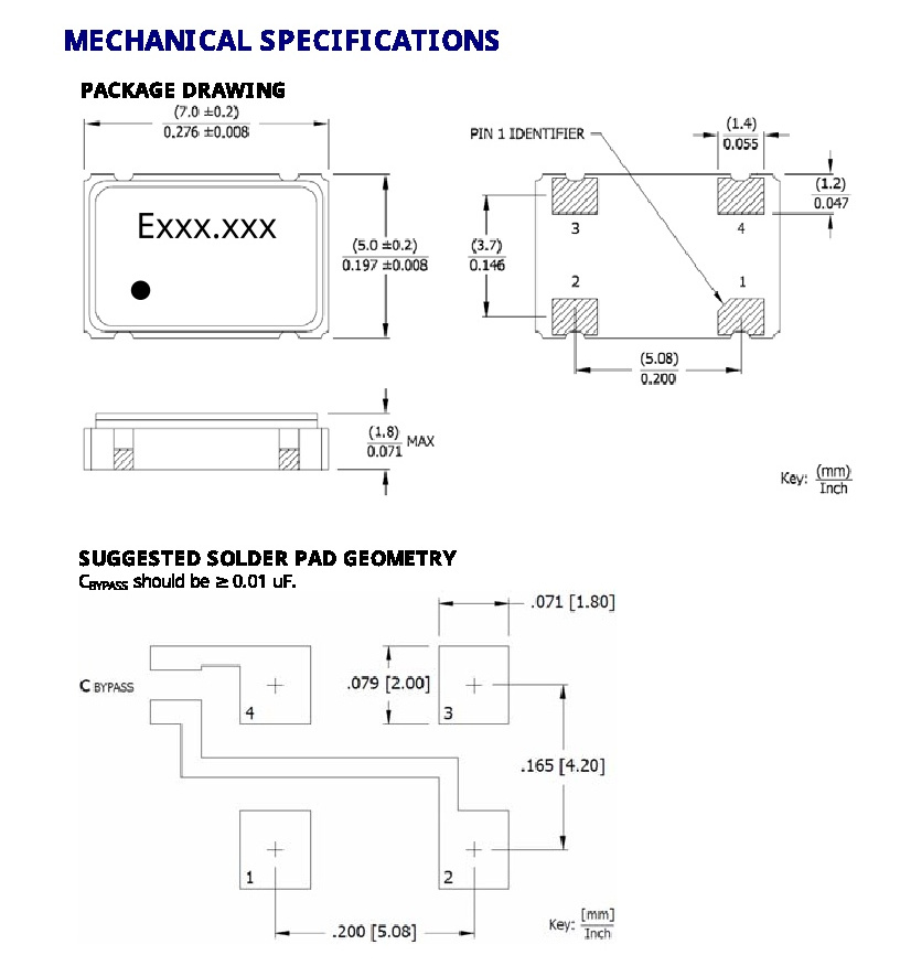 Rysunek techniczny rezonatora SMD 4 PADy